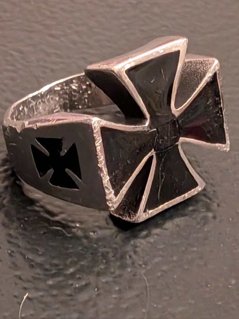 Vintage Massive Oversized Iron Cross Biker Ring Black Onyx Enamel Style Sz 15